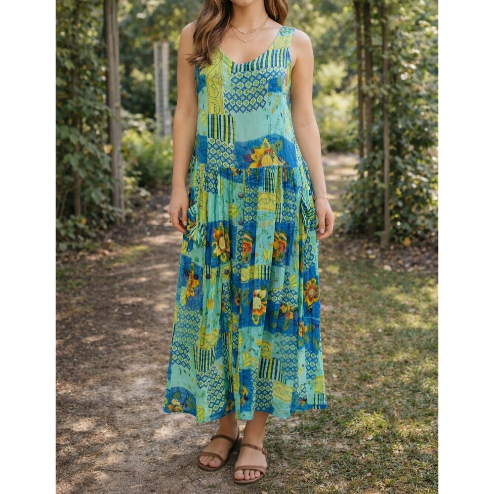 Biga Boho Artsy Sunflower Maxi Beach Sundress Patchwork Hippie Pockets S- Large